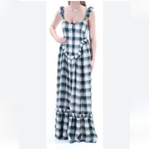 New Max Studio London Dark Green Plaid Womens Size XS Ruffled Maxi Dress